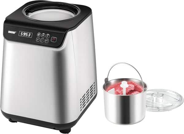 Unold Uno 48825 Sorbetière – Compresseur auto-refroidissant, entièrement automatique, 135 W, refroidissement à -35 °C, écran LCD, récipient en acier inoxydable, minuterie, compresseur