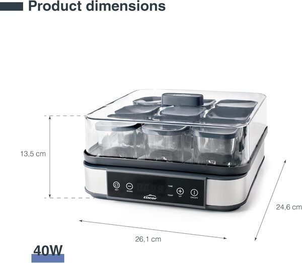Lacor - 69439 - Yaourtière en Verre Deva, 9 Bocaux en Verre Inclus, Température Réglable, Minuterie, Arrêt Automatique, Livre de Recettes Inclus, 100% sans BPA, 170ml x 9