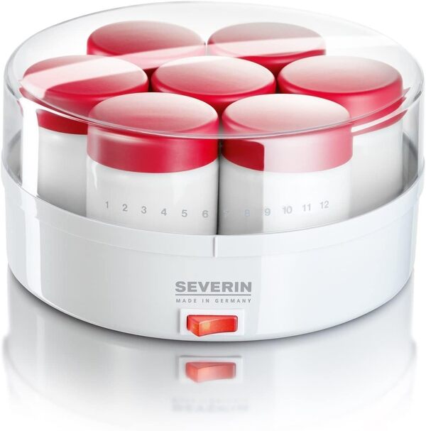 SEVERIN Yaourtière, 14 Pots de 150 ml Inclus, + Livre de Recettes, Graduation Mémo, JG 3519, Blanc/Rouge