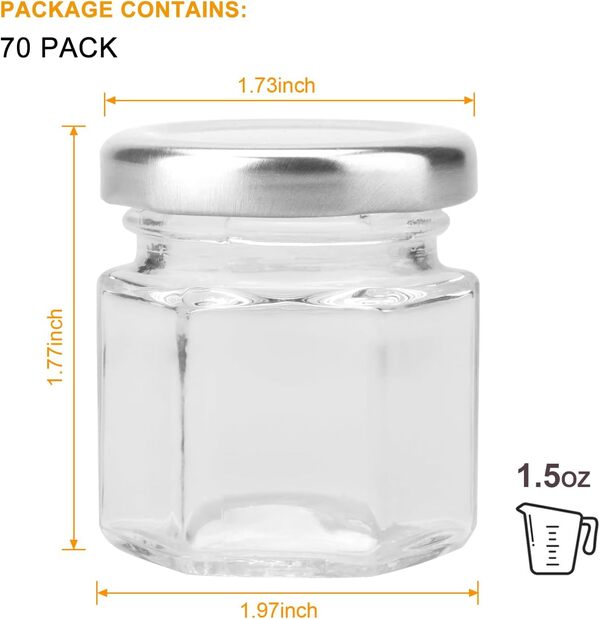 Cadamada Lot de 70 petits bocaux en verre de 42,5 g avec couvercles argentés, ficelle de jute et étiquette, pots de yaourt en verre, pots à bougies, miel, couvercles hermétiques, confiture, épices,