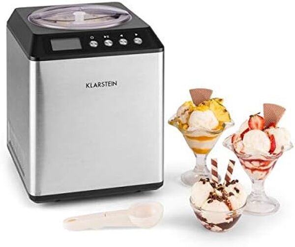 KLARSTEIN Vanilla Sky - Machine à crème glacée, Prête en 10 à 60min, Compresseur, Pas de congélation l'avance, Verre doseur, Récipient 2L - Argent