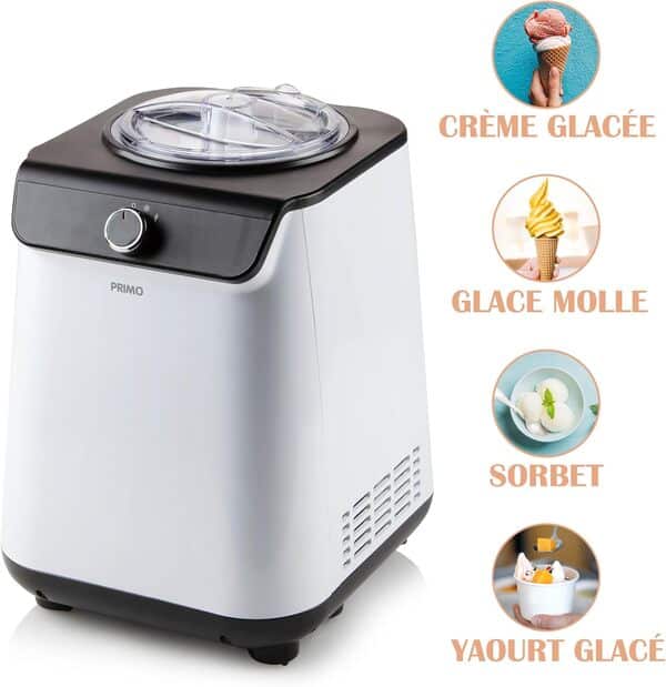 PRIMO PR401IM Sorbetière - Sorbetière - Autocongélation - Avec compresseur - 1.2L - Blanc/Noir