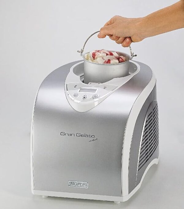 Ariete 693 Gran Gelato Machine à Glace Auto-Refroidissante en Métal avec Compresseur, Glace Artisanale et Sorbets, Panier Amovible 1 L, Ecran LCD, Blanc/Argent