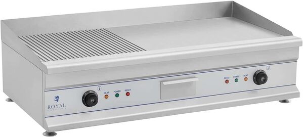 Royal Catering Plancha Grill Électrique Double RCG 100G (Plaque 100 x 40 cm, 2 x 3 200 W, Surface de Cuisson Lisse Et Nervurée, 2 Zones de Chauffe Indépendantes, Pare-Projections, Gouttière)