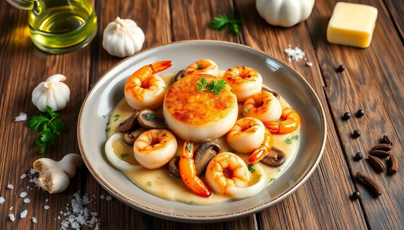Délice de Saint-Jacques, crevettes et champignons en cassolette