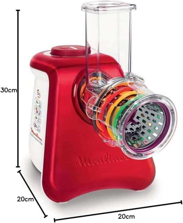 Moulinex DJ812510 Découpe Légumes Électrique Fresh Express Max 5 en 1 Râper Fin Épais Trancher Gratter Fromage Mandoline Légumes Fruits Glace Pilée 260W Rouge