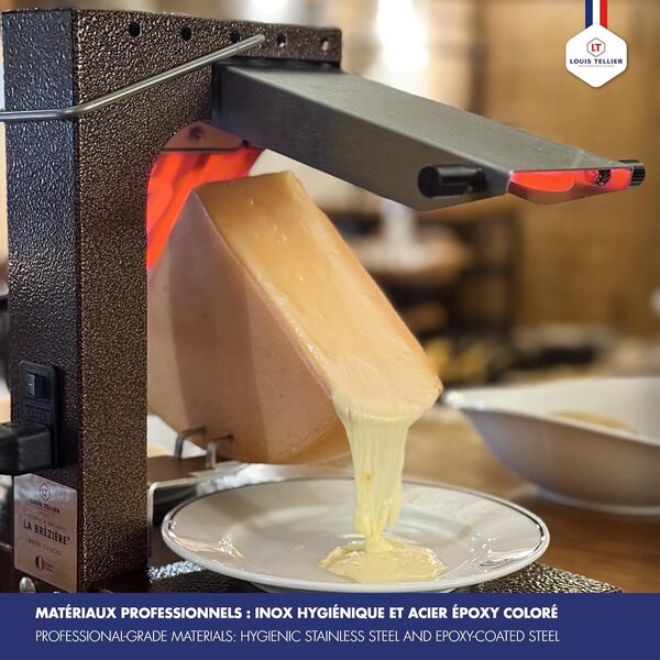 LOUIS TELLIER - Appareil à raclette Brézière® Signature Original - Taille Adaptée pour 1/4 ou 1/6 de Meule - 1 à 4 Personnes - Rampes Chauffantes Réglables - Pliable - Interrupteur de sécurité - 230V