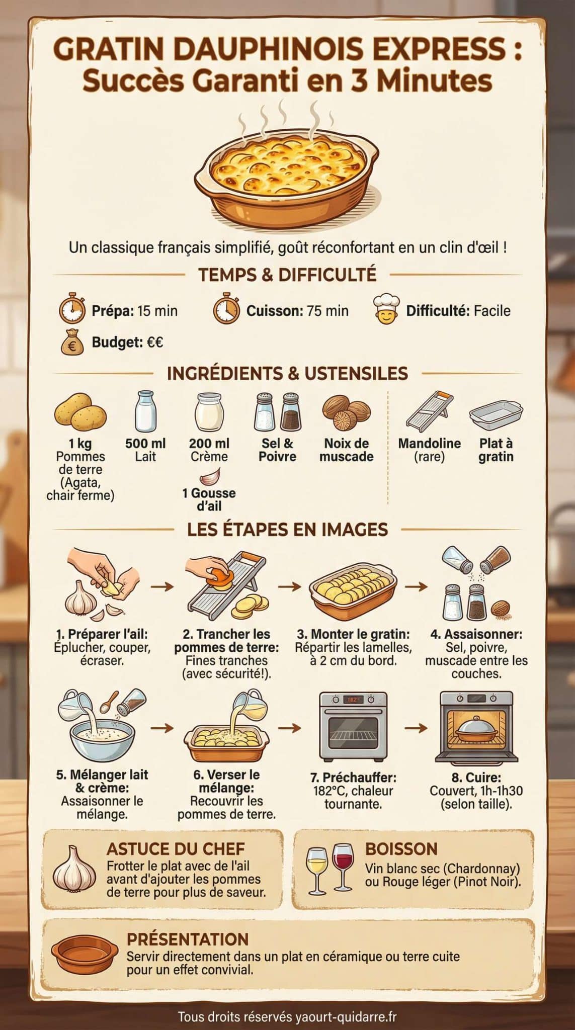 infographie de la recette Gratin Dauphinois Express : succ&egrave;s Garanti en 3 Minutes