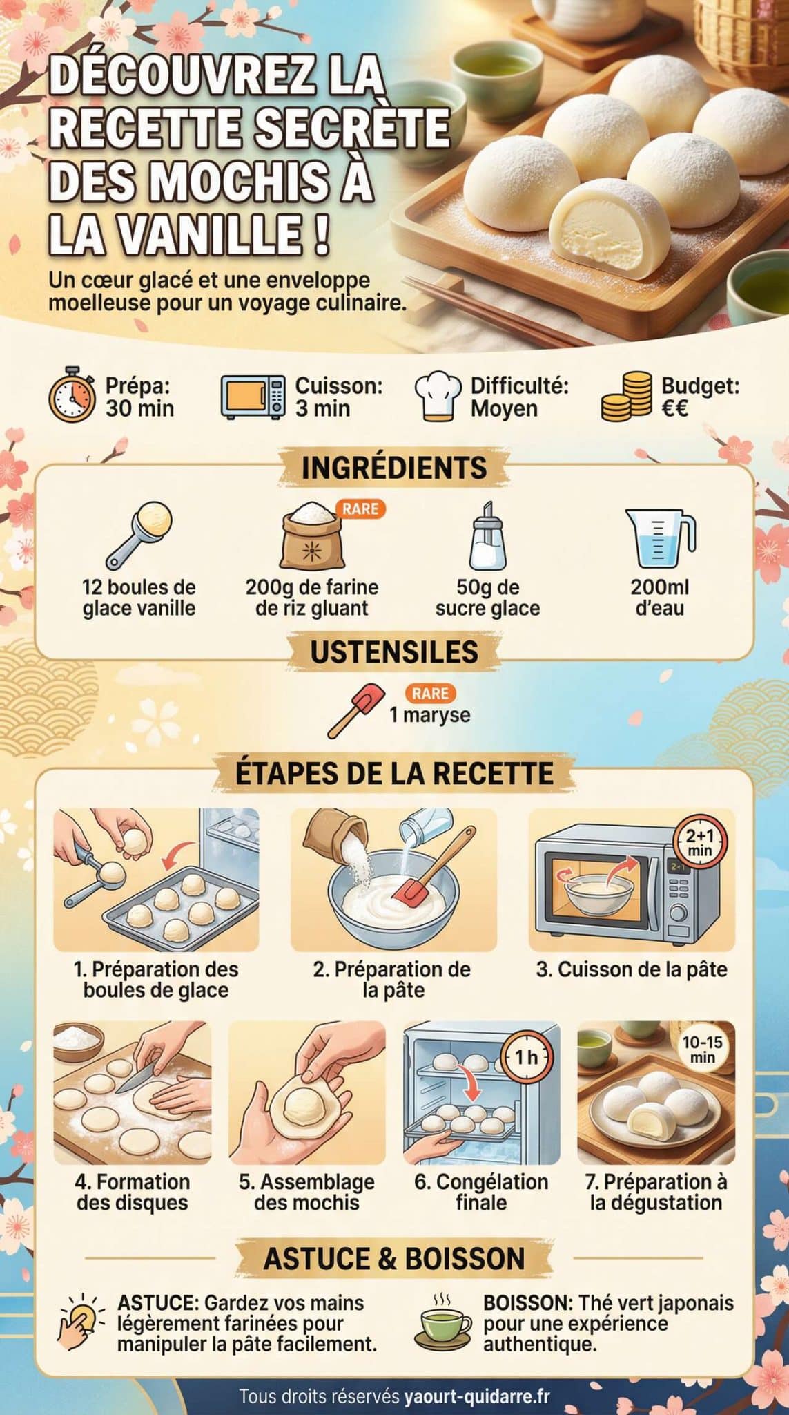 Infographie de la recette D&eacute;couvrez la Recette Secr&egrave;te des Mochis &agrave; la Vanille !