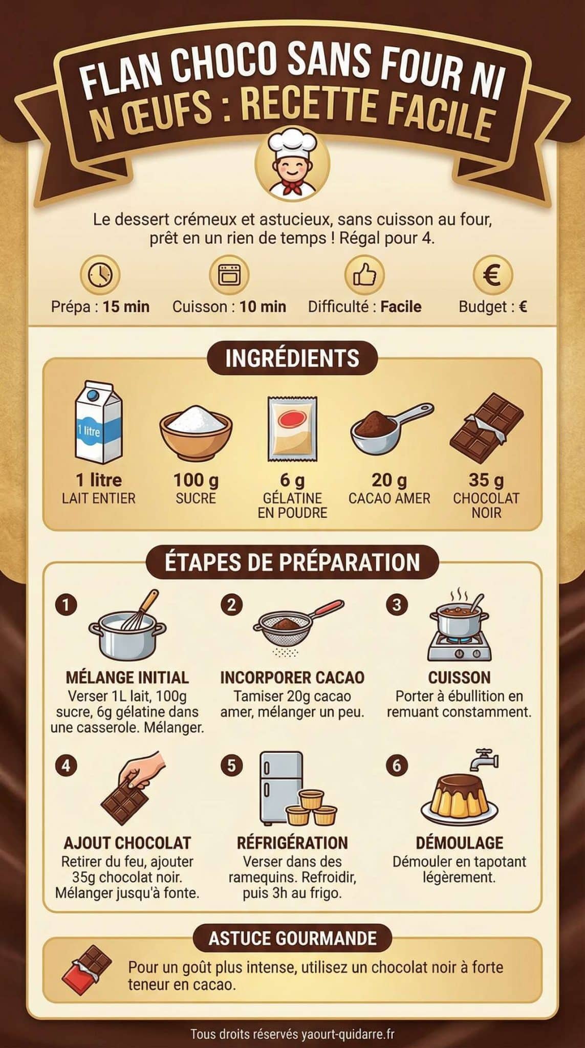 Infographie de la recette Flan Choco sans Four ni &OElig;ufs : recette Facile