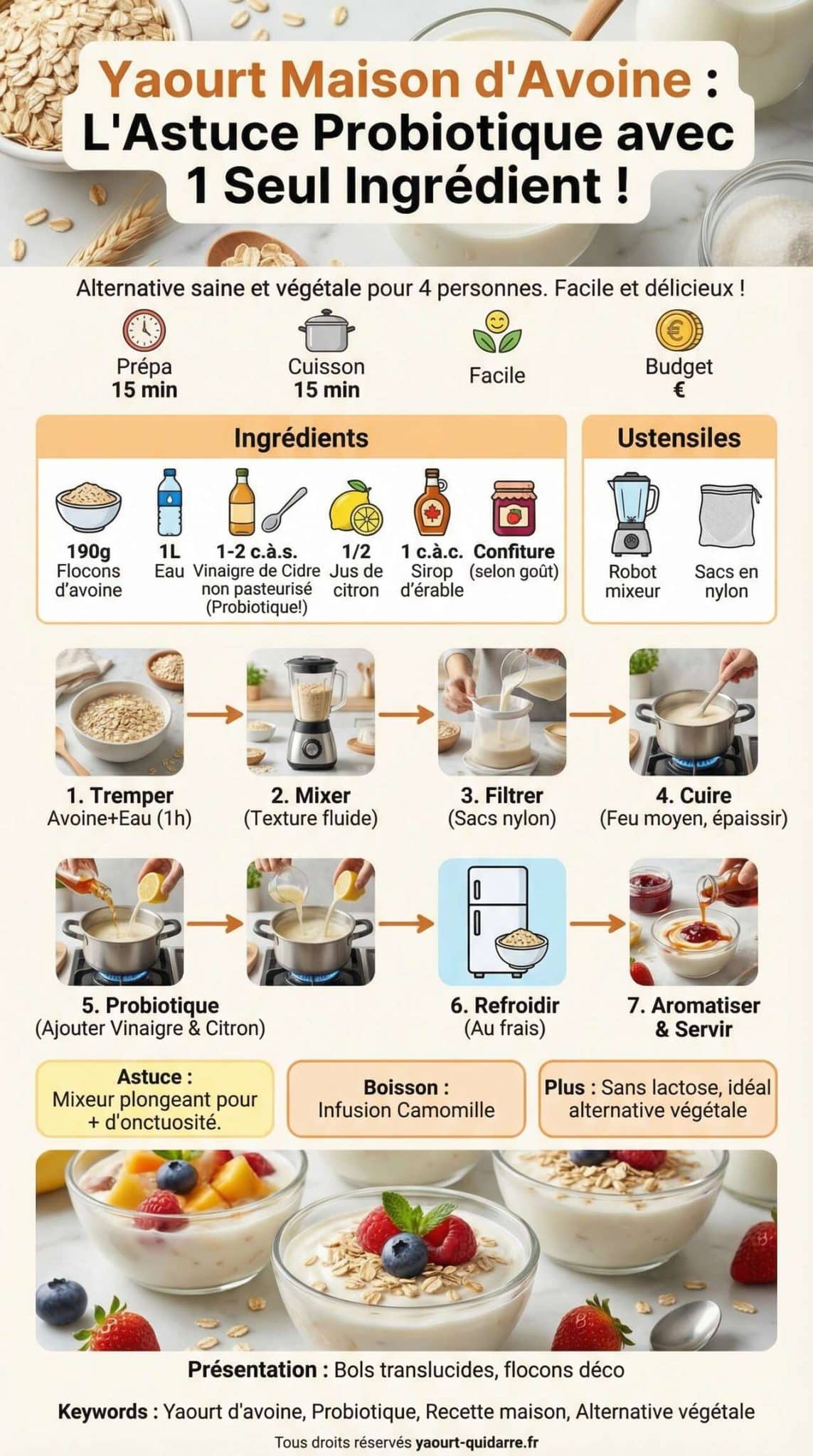 Infographie de la recette Yaourt maison d'avoine : l'astuce probiotique avec 1 seul ingr&eacute;dient !