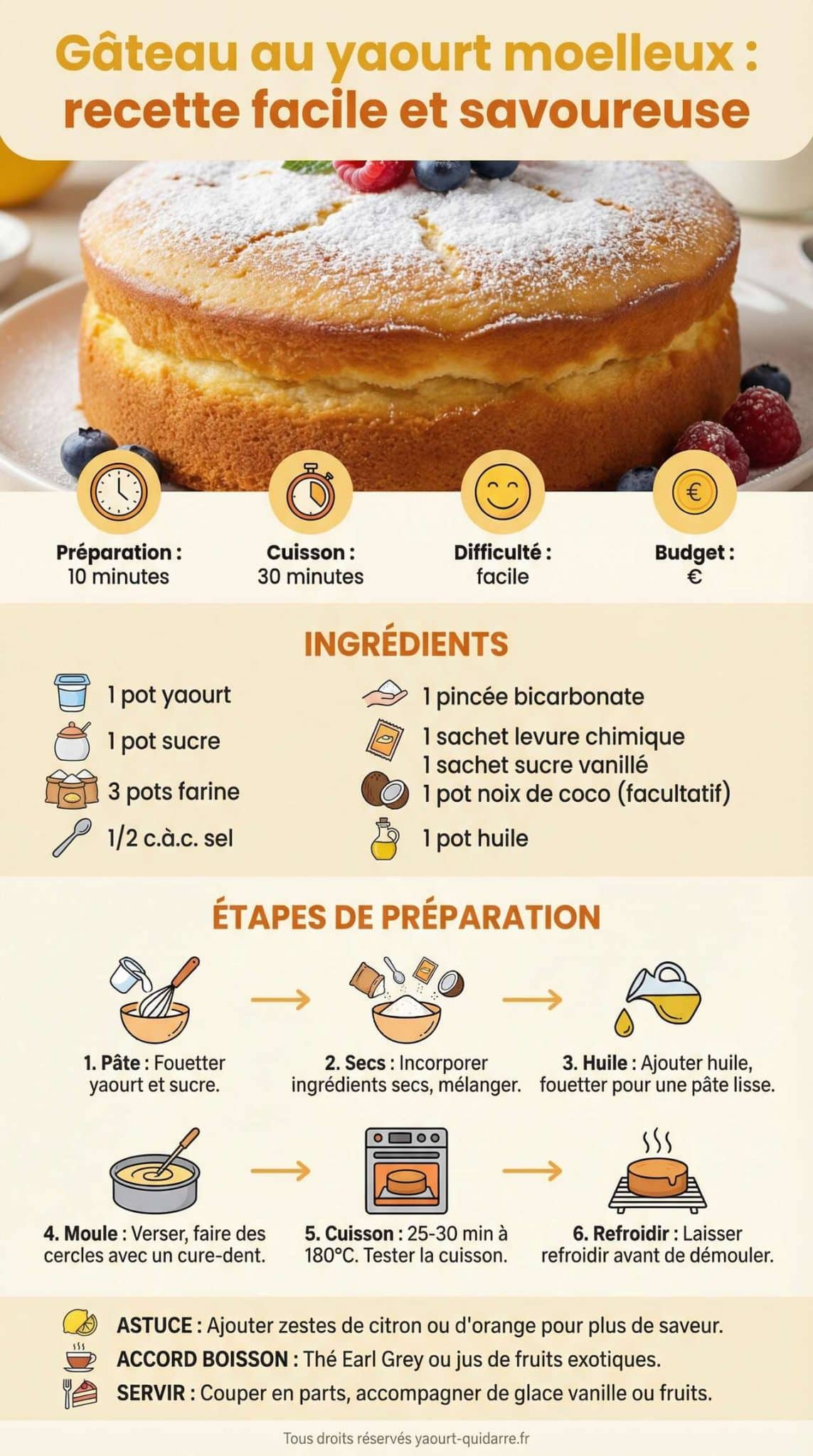 Infographie de la recette G&acirc;teau au yaourt moelleux : recette facile et savoureuse