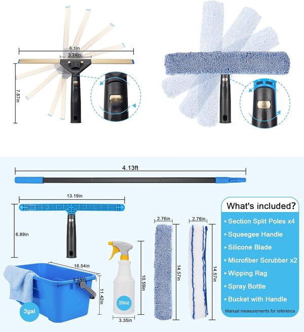 Kit de nettoyage de fenêtre avec seau de rangement, raclette de fenêtre avec tige d'extension de 1,3 m, brosse à récurer, flacon pulvérisateur de 575,2 g, chiffon de nettoyage