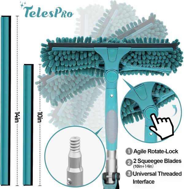 Raclette de fenêtre de 1,5 à 3,7 m avec manche d'extension, outil de nettoyage de vitres avec manche télescopique en 3 étapes, kit de nettoyage professionnel de vitres avec tête rotative –