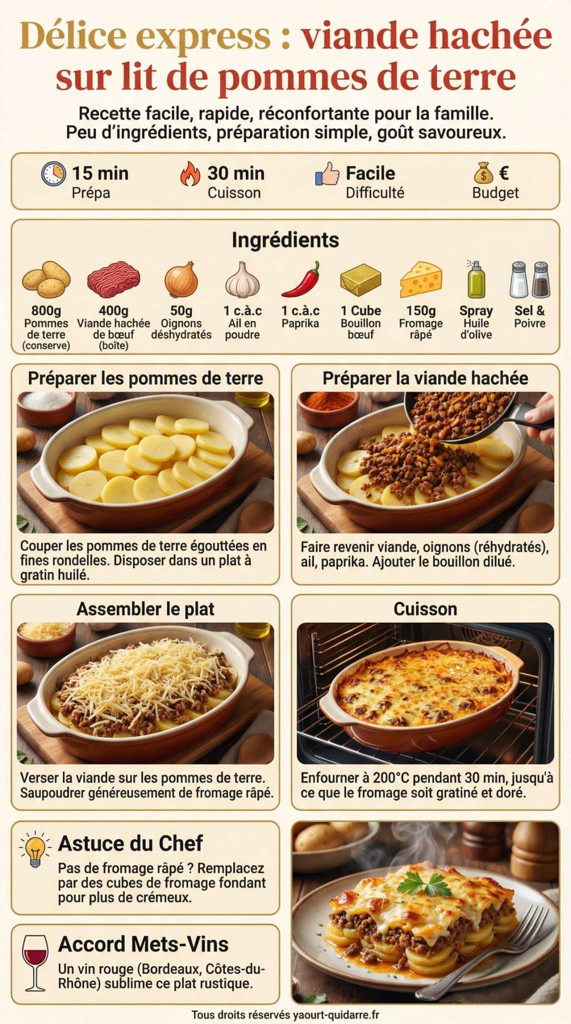 Fiche recette Délice express : viande hachée sur lit de pommes de terre Fiche recette Délice express : viande hachée sur lit de pommes de terre