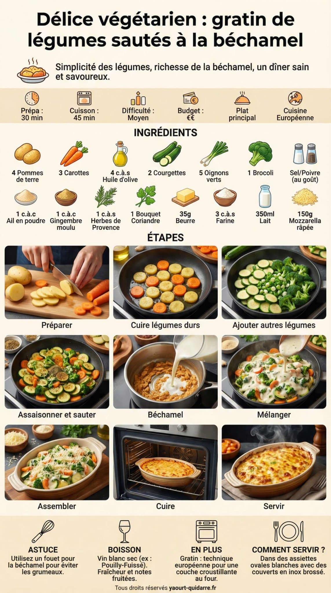 Fiche recette Délice végétarien : gratin de légumes sautés à la béchamel Fiche recette Délice végétarien : gratin de légumes sautés à la béchamel