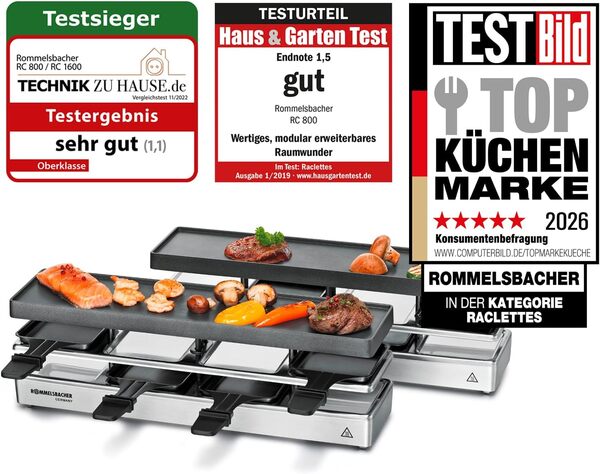 ROMMELSBACHER RC 1600 Fun for 4+4 Appareil à raclette (barbecue de table, pour 8 personnes, extensible, parking, plaque de cuisson en aluminium moulé sous pression avec revêtement antiadhésif Xylan
