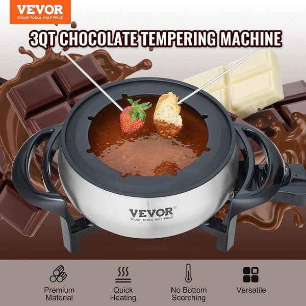 VEVOR - Lot de casseroles électriques à fondue de 3 litres pour fromage et chocolat avec 8 fourchettes, chauffe-bonbons avec contrôle de la température, fusion en acier inoxydable antiadhésif