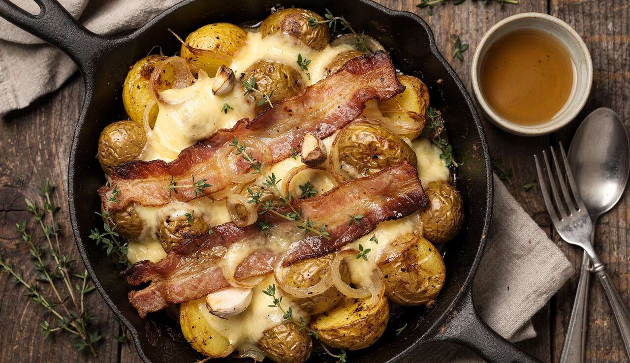 Raclette gourmande au four : pommes de terre, lardons et oignon