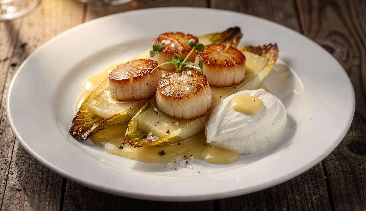 Délice de fondue d'endives, noix de Saint-Jacques au cidre