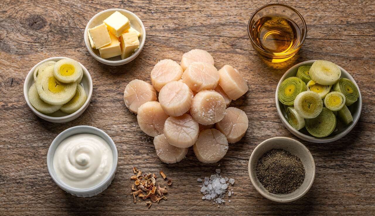 Fondue de poireaux aux noix de Saint-Jacques