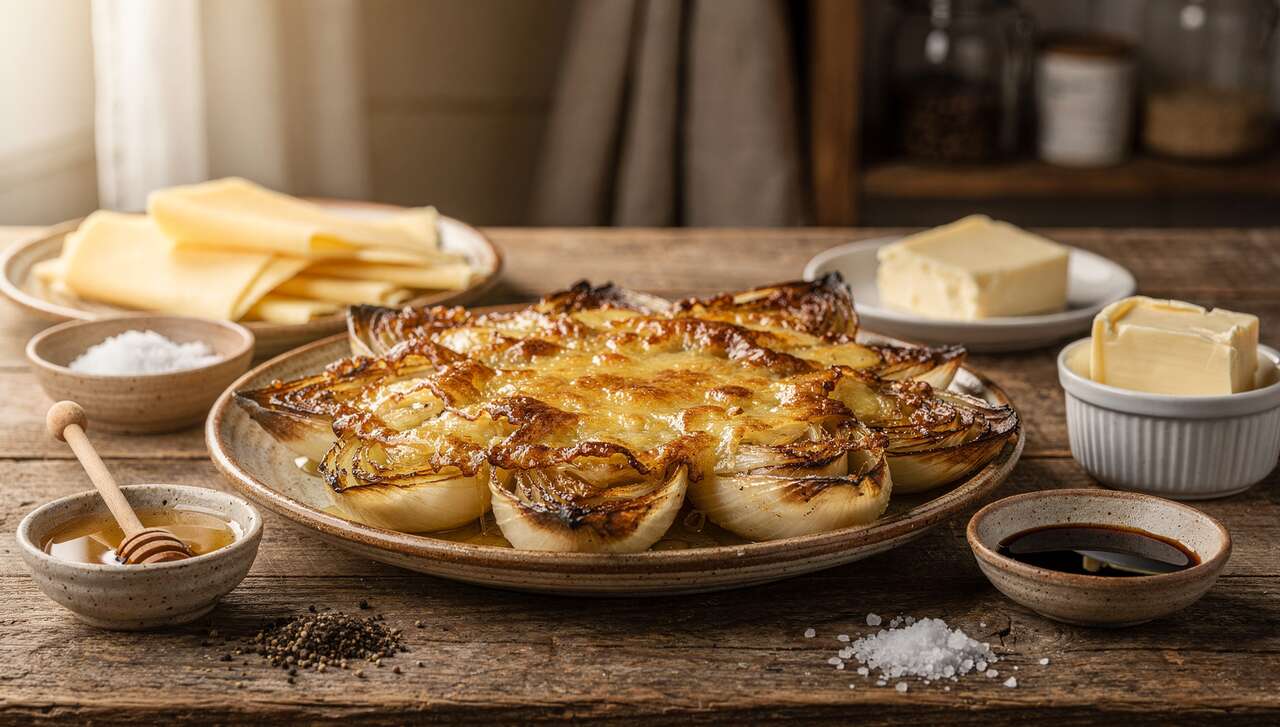 Délice d'endives braisées, miel et raclette croquante