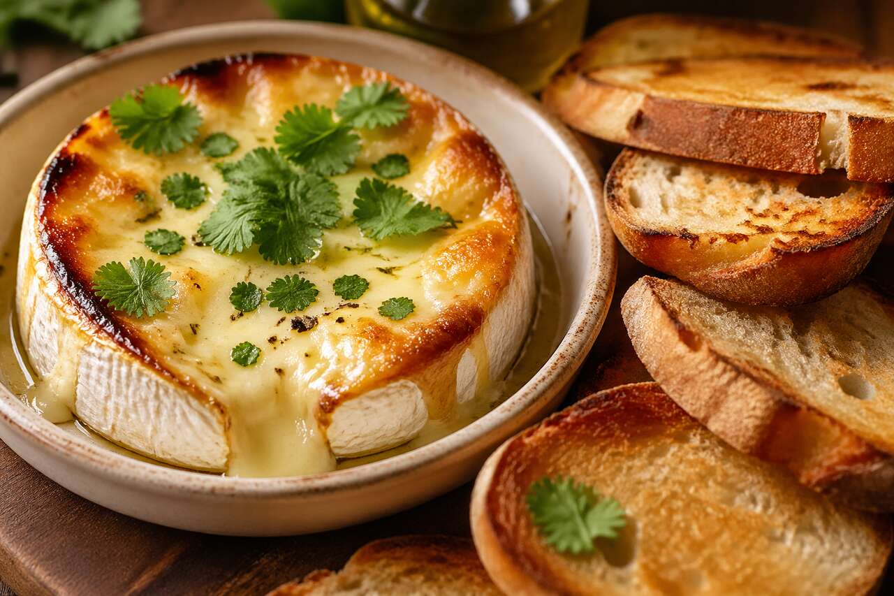 Camembert rôti gourmand : recette irrésistible avec coriandre et pain
